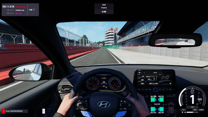 The interior of a Hyundai as it leaves the pits in Assetto Corsa EVO.