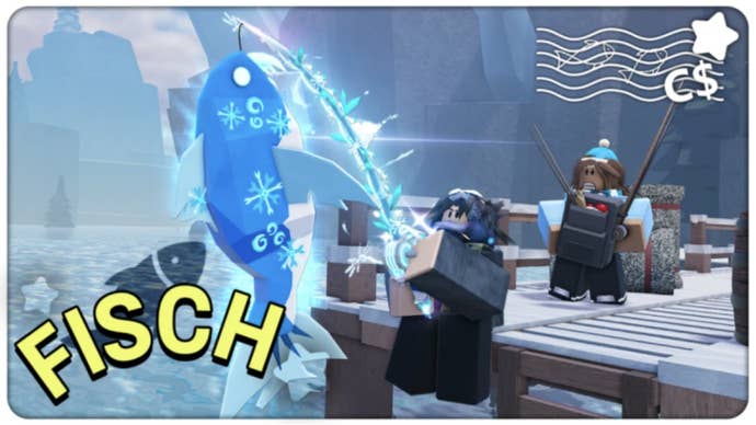 A Roblox character reeling in a sparkling fish in the game Fisch.