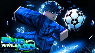 A dark-haired and blue-eyed Roblox character inspired by the Blue Lock Rivals anime can be seen kicking a ball in artwork for the Blue Lock Rivals Roblox game