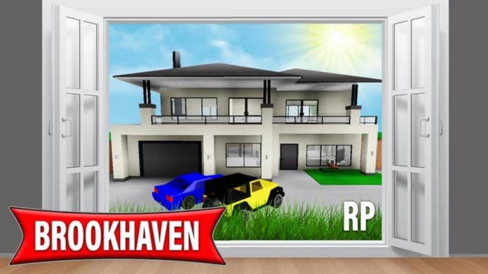 Artwork for the Roblox game Brookhaven, showing a large, luxurious house with cars in the driveway outside.