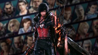 Clive Rosfield from Final Fantasy 16 stands in front of a roster of Tekken 8 characters, who are all slightly blurred.