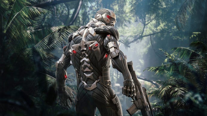 A person wearing a futuristic suit holding a gun while stood in a jungle setting in key art for Crysis.