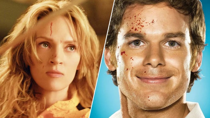 On the left, Uma Thurman in Kill Bill, she has a serious expression and blood on her face. On the right, Michael C. Hall in a poster for Dext, he's smiling and has blood on his face.