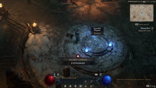 Diablo 4 waypoints: A man with green hair in a ponytail, wearing a hide vest and hide trousers, is standing next to a circle. Soft blue candlelight illuminates triangles, circles, and other symbols inscribed in the stone