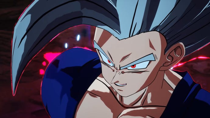 Gohan in his Beast form in Dragon Ball: Sparking! Zero, which has big grey hair and red eyes.