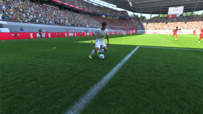 Antonio Nusa, one of EA Sports FC 25's best wonderkids, dribbles into the box for RB Leipzig.