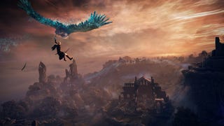 A person gliding hanging on to a giant bird across a landscape filled with dilapidated buildings in Elden Ring: Nightreign.