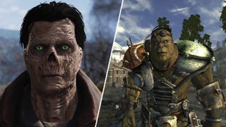 A playable ghoul in Fallout 76 next to Marcus the super mutant in Fallout New Vegas.