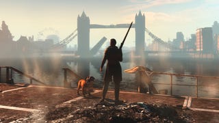 A Fallout: London character posing in front of the Tower Bridge.