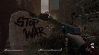 The player aims their weapon at a stone spray-painted with 'stop war' in Fallout 4 mod, Fallout London