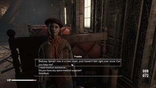 Yvette, one of the Vagabonds, offering to fix the Wanderer's Railway Spine in Fallout: London.