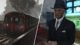 A Fallout: London character in a suit next to a wrecked Tube train.