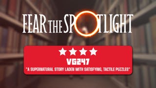 The logo and review score for Fear the Spotlight is shown on top of an image of Vivian walking through the library