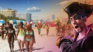 A beach scene from GTA 6 with a comical picture of Goro Majima over the top