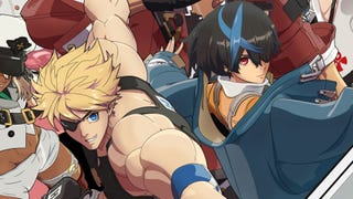 Ky Kiske, a muscley young man with spiky blonde hair and an eye patch, is back to back with Unika, a grumpy looking young woman with red eyes.