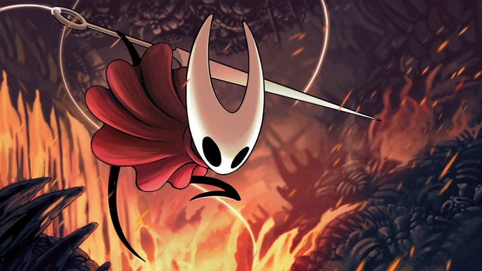 Hollow Knight: Silksong art showing Hornet leaping, needle sword in hand, a firey pit behind her.