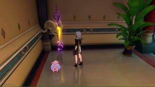 Stelle (the female Trailblazer) and her pet tuskpir stand in front of a gold-and-purple glowing goat skull in the corner of an Amphoreus bathhouse in Honkai: Star Rail 3.0.