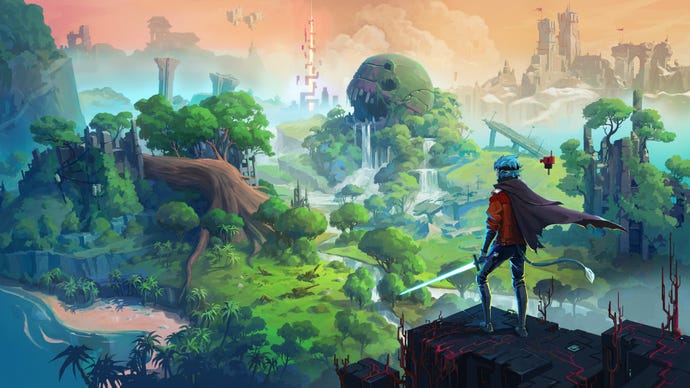 Key art for Hyper Light Breaker showing a person holding a sword overlooking a tree-filled landscape, a giant robotic skull and other structures littered across it.