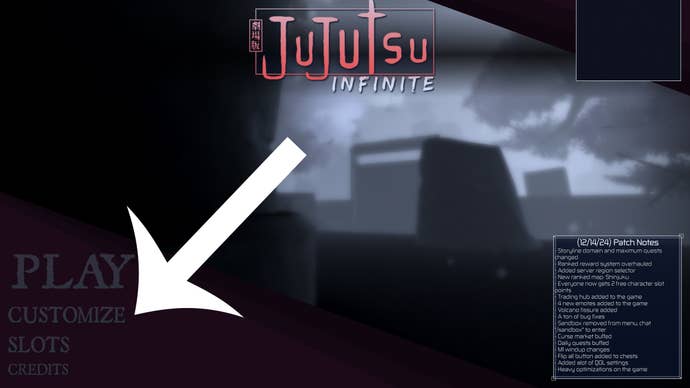 Arrow pointing at the customize button in the Roblox game Jujutsu Infinite.