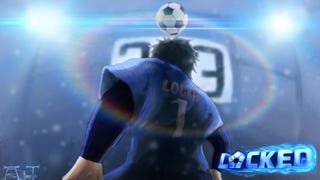 Artwork for the Roblox game Locked, showing an anime character wearing a football kit, looking at a ball in the air.