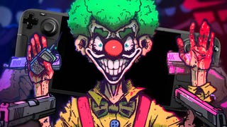 A smiling madman dressed like a clown in Maniac, with a Steam Deck imposed behind.