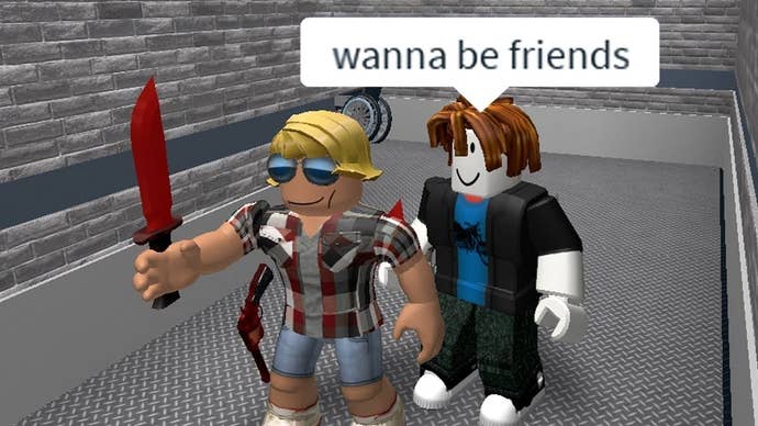 A Roblox character asking to be friends with a knife-wielding character in the game Murder Mystery 2.