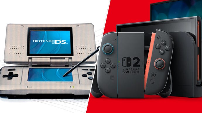 On the left, a Nintendo DS. On the right, a Nintendo Switch 2.