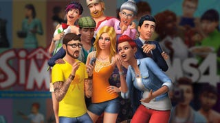 A group of Sims pose in front of boxart for The Sims 1 and The SIms 4.