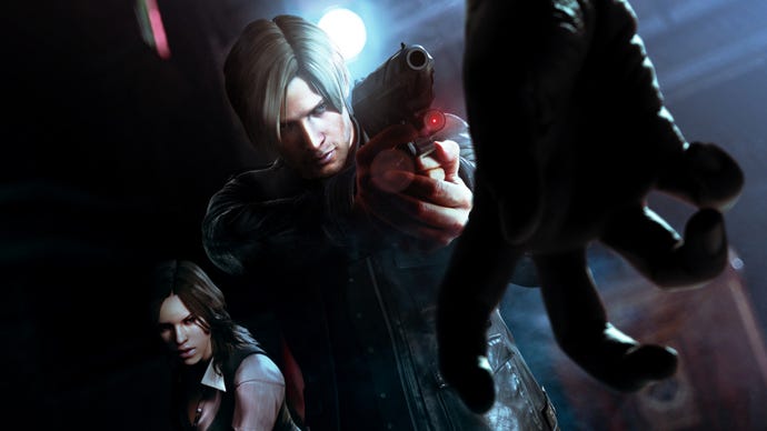 Leon Kennedy has a gun pointed at a zombie, its had visible in the foreground, in key art for Resident Evil 6.