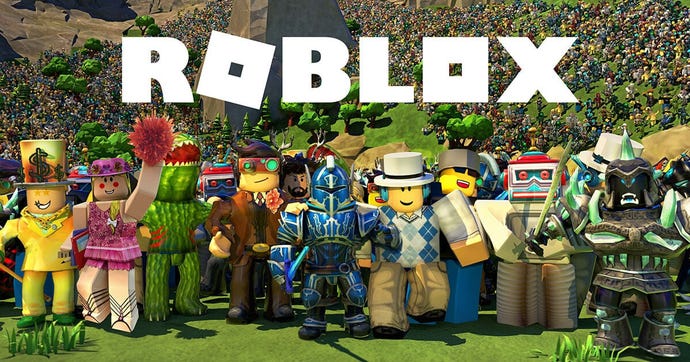 Key artwork for Roblox, showing the platform's logo and a colorful crowd of different characters all lined up.