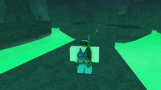 A character wearing diving equipment and carrying a fishing rod in the Roblox game, Fisch.