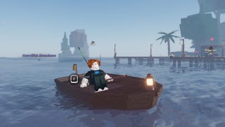 A Roblox character traveling on a boat in the game Fisch.