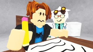 A default character in Roblox can be seen looking frustrated while studying with scientist, Sam, behind him in artwork for Roblox's IQ Test