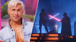 On the left, Ryan Gosling as Ken, smirking, wearing a denim jacket with no shirt underneath. On the right, Luke Skywalker and Darth Vader fighting each other in silhouette in Star Wars.