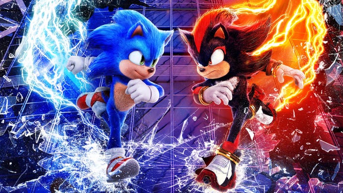 A poster for Sonic the Hedgehog 3 showing Sonic and Shadow racing towards each other, colourful aura streaks following behind them.