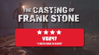 The logo for The Casting of Frank Stone is overlayed on a promotional image for the game, alongside a box displaying 4 out of 5 star review score from VG247