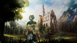 A character looks towards a church in a meadow, Unicorn Overlord art.