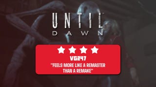 A wendigo grasps Sam by the face and lifts her off the ground in a blurred background image under the "Until Dawn" logo, with a 4-star review header underneath.