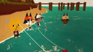 Some characters are fishing in Webfishing, whilst a dog in sunglasses chills in the ocean.