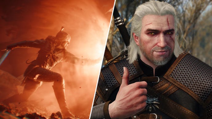 Geralt giving a thumbs up in The Witcher 3 next to Ciri casting quen in The Witcher 4.