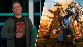 Xbox CEO Phil Spencer alongside art showing the main characters in the Fallout TV show.