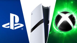 The PlayStation and Xbox logos either side of a PS5 Pro.